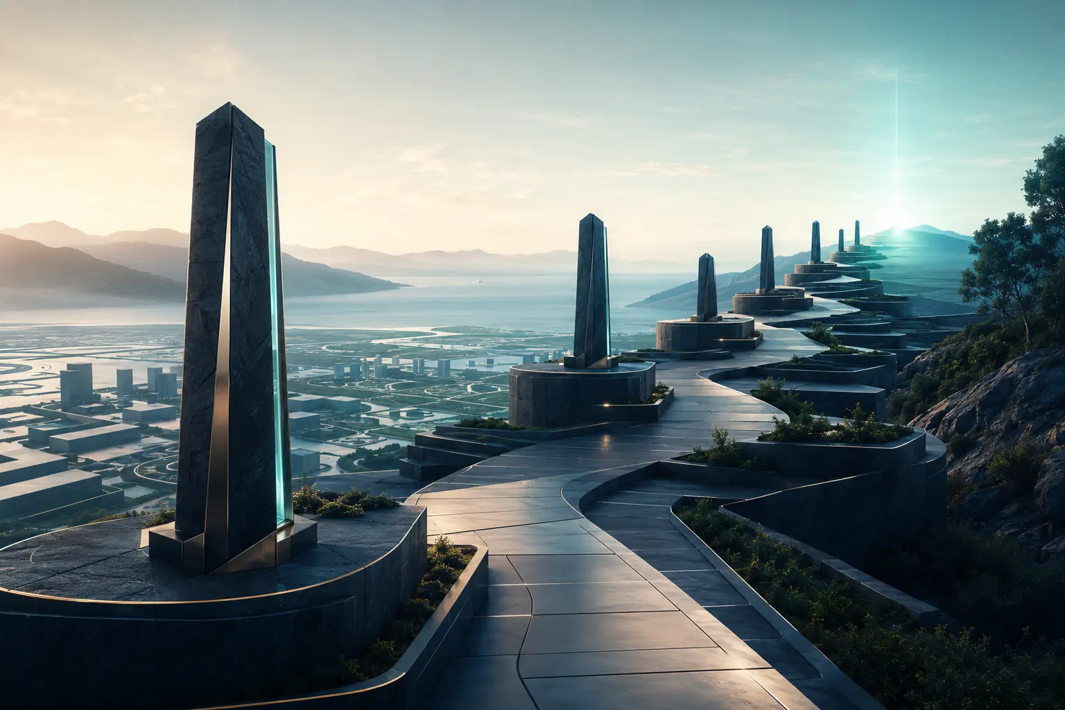 Symbolic architectural journey through meaningful milestones toward a brighter horizon